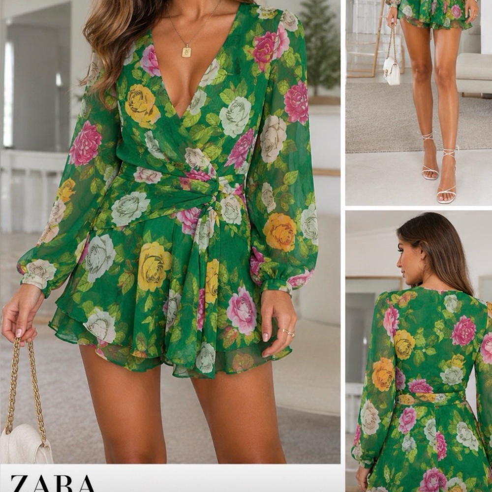 Zara Green Rose Print Wrap Romper Dress Long Sleeve Mini Size S
